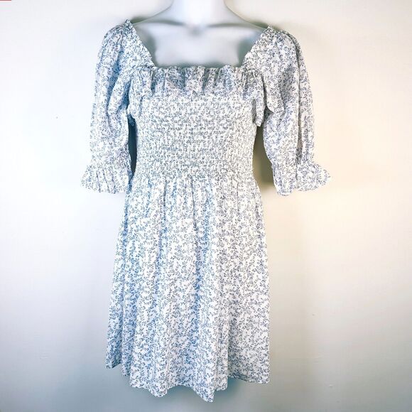 WAYF Dress Women 1X Plus Blue Floral Tonya Smocked Cottagecore 100% Cotton NWOT - Picture 1 of 10